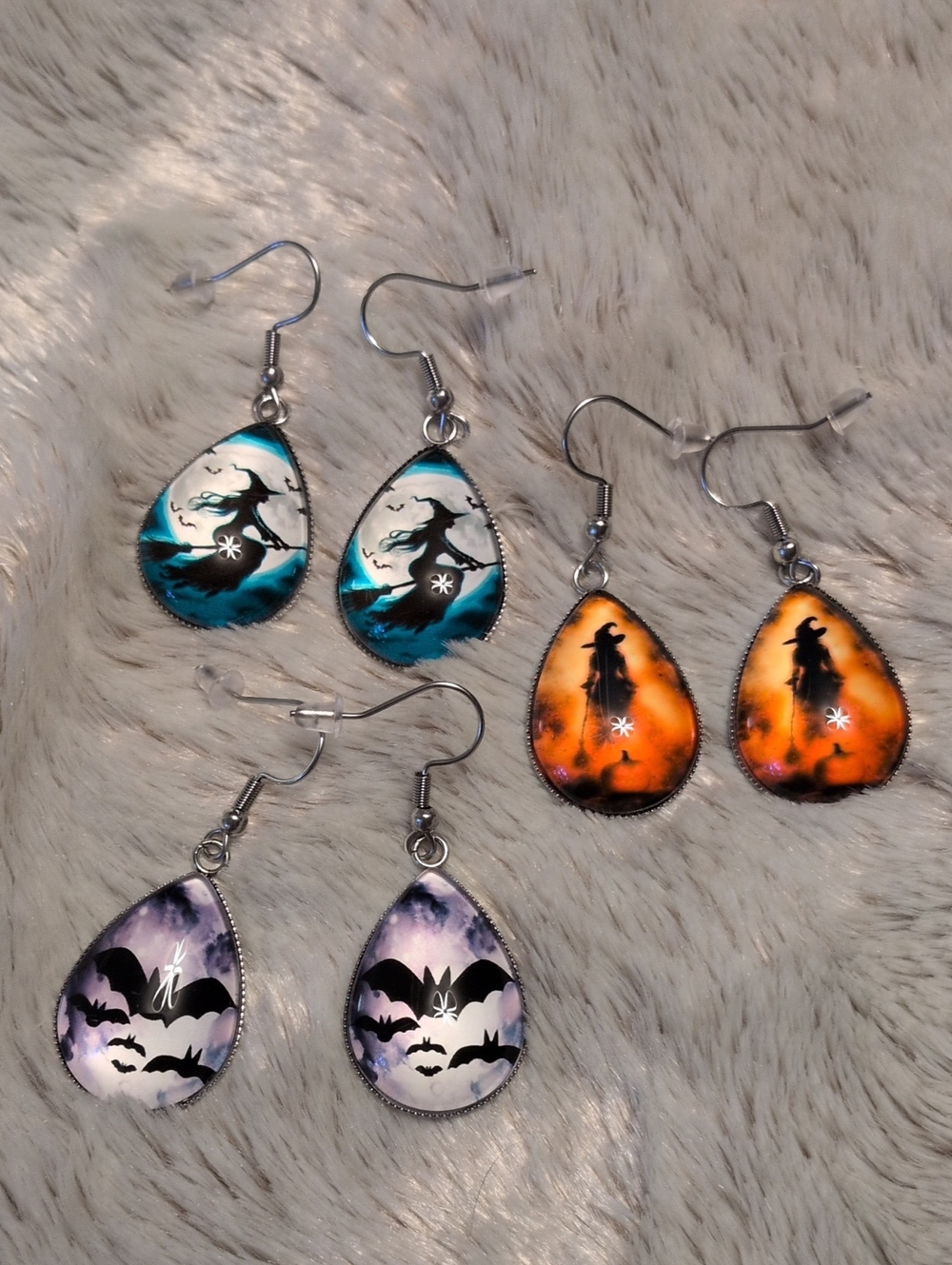 Halloween Teardrop Dangle Earrings - Teal, Orange, Lavender